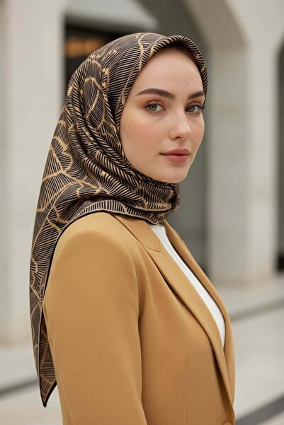 Vissona 100% Twill Silk Geometric Pattern Χρυσό - Μαύρο Χρώμα 90x90 Φουλάρι Σ...