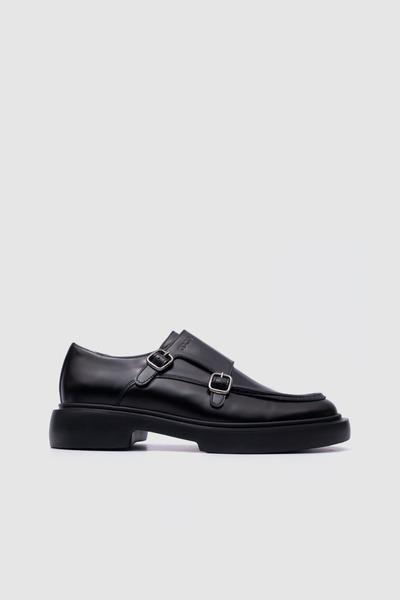 TOGO Men's Black Genuine Leather Buckle Monk Shoes [052268]