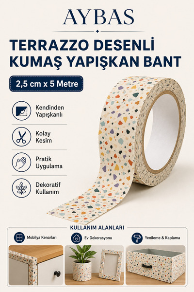 Aybas 2,5 cm x 5 Metre Terrazzo Desenli Yapışkanlı Kumaş Bant – Kendinden Yap...