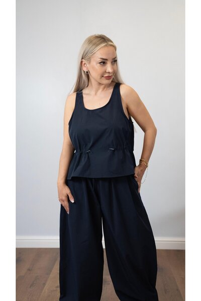 Muna Boutique Women's Navy Blue Belted Trousers Set - Comfortable Fit with El...