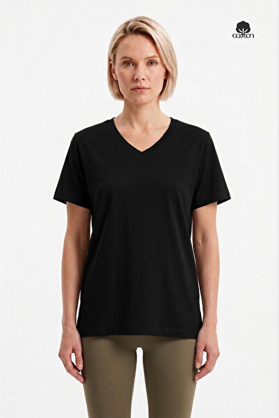 Cottonland Kadın MARTINA Rahat Kesim V Yaka Kısa Kollu Penye T-Shirt SİYAH