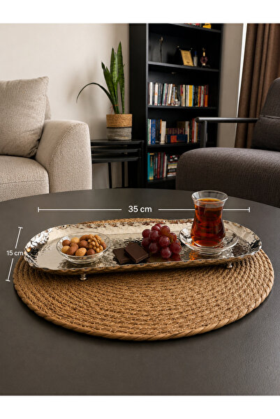 Layla Copper Oval Gümüş Renk Dövme Desenli Bakır Kurabiyelik-Sunumluk