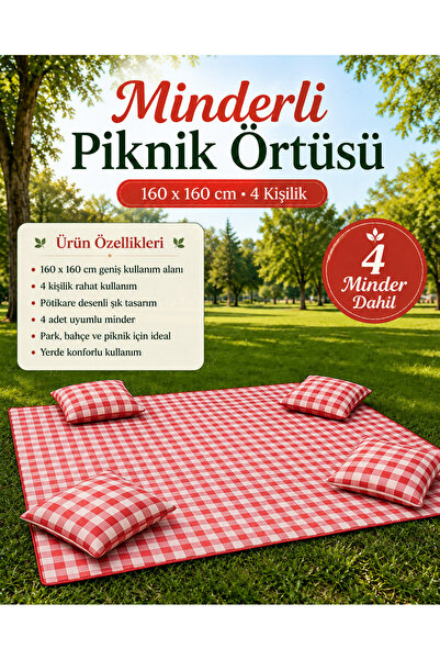 Magiclady Kırmızı Potikare Piknik Seti Minderli Piknik Ortüsü 160x160 Minderl...