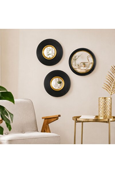 Gift Design Set de 3 oglinzi decorative rotunde cu rame negre și detalii auri...