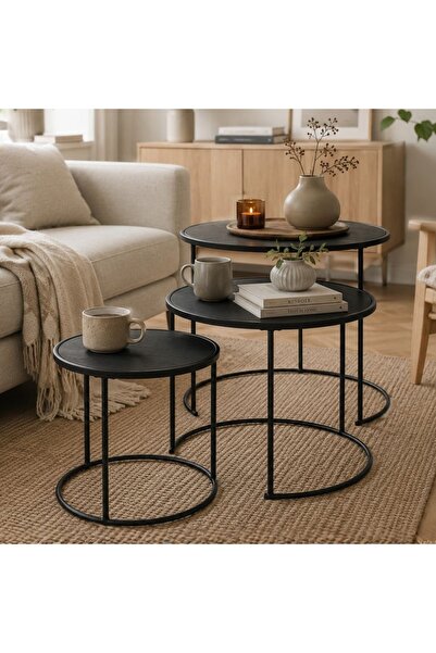 H&S collection Set of 3 round black coffee tables, 55/45/35 cm, modern indust...