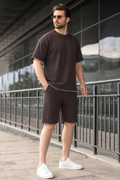 Madmext Καφέ Κέντημα Λεπτομερές Ανδρικό Σορτς T-shirt Σετ E7305