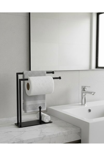 Dersel Dekor Modern Matte Black Metal Paper Towel Holder and Towel Rack – Countertop Standing Organizer