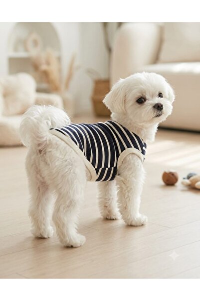 atelyu Cat Dog Outfit Navy Blue Striped Tshirt Tank Top