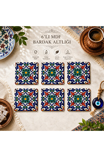 UPEKA 6'lı Vintage Şık Tasarım Mdf Ahşap Dekoratif Hediyelik Bardak Altlığı Çini Model