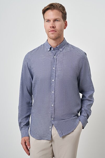 Morven Men's Navy Blue Linen Dynamic Fit Button Collar Shirt