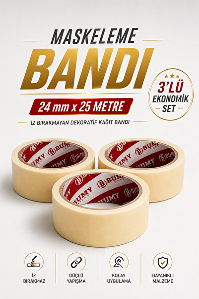 METFİX (3 ADET) 24 mm x 25 Metre Maskeleme Bandı İz Bırakmayan Dekoratif Kağı...