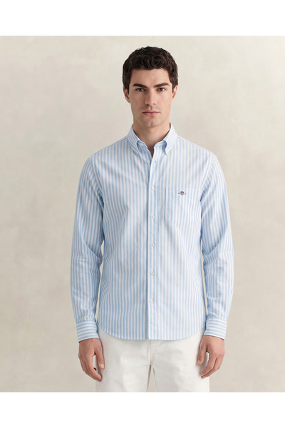 Gant Erkek Mavi Regular Fit Çizgili Logolu Gömlek