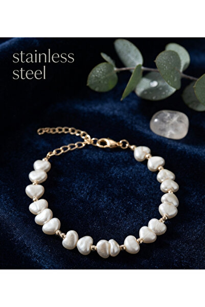 stainless steell سوار من اللؤلؤ الباروكي باللون الذهبي