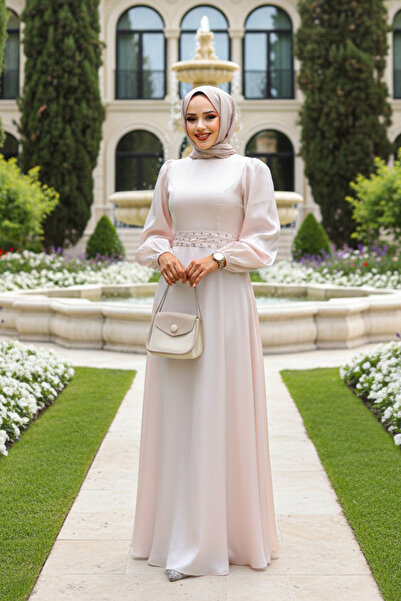 Neva Style Boncuk Detaylı Pudra Tesettür Abiye Elbise 23301PD