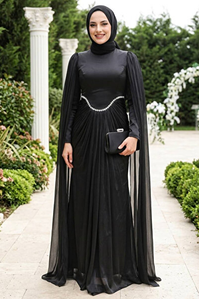N.S NEVA STYLE - فستان سهرة أسود محتشم مع عباءة 5418S