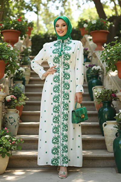 Neva Style فستان إسلامي منقوش باللون الأخضر الزمردي 13503ZY