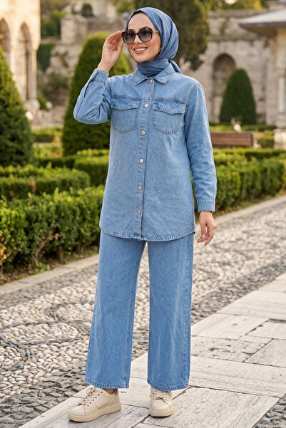 N.S NEVA STYLE Set dublu din denim hijab albastru cu nasturi 10064M