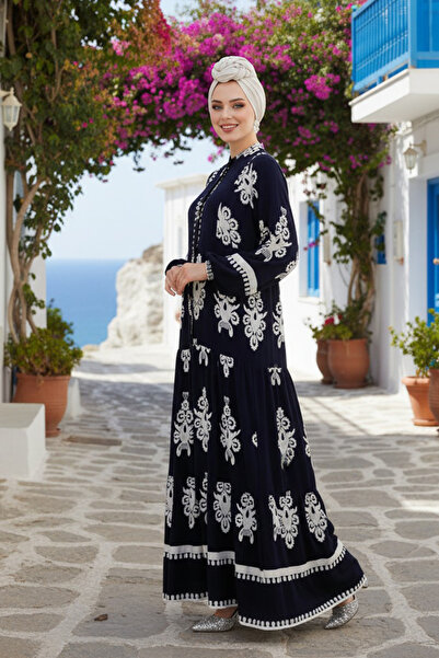 Neva Style Floral Print Navy Blue Hijab Dress 25491L