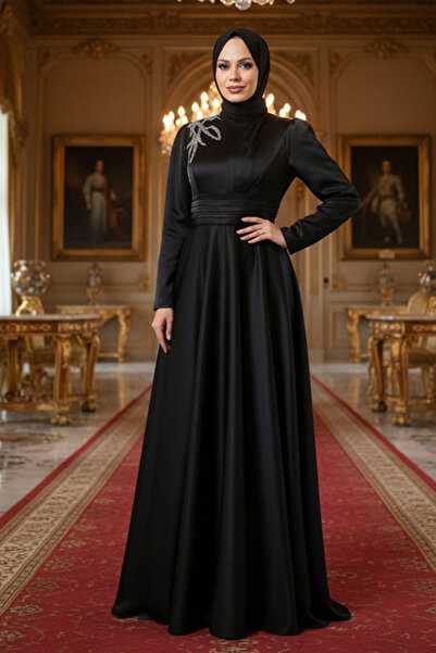 Neva Style Saten Siyah Tesettür Abiye Elbise 22301S