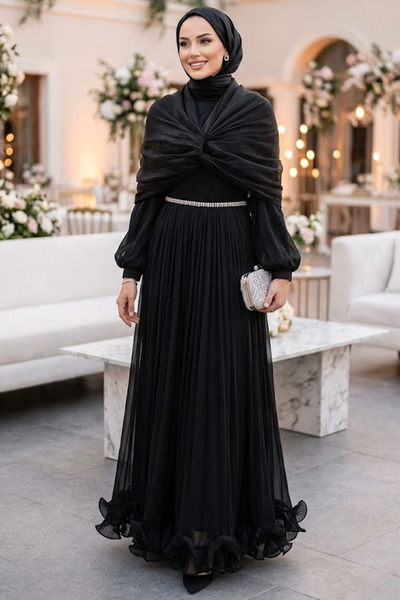 N.S NEVA STYLE فستان سهرة أسود بتفاصيل مطرزة 56371S