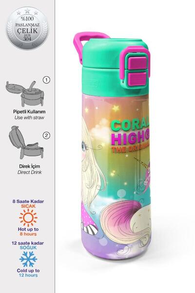 Coral High Kids Pembe Su Yeşili Unicornlu Desenli Pipetli ve Direkt İçim Çeli...