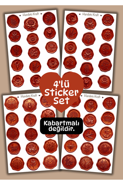 Handeto Kraft 4'lü Mum Mühür Görünümlü Bordo Desen Sticker Seti Bullet Journa...