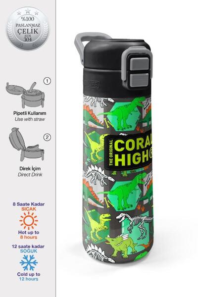 Coral High Kids Gray Green Dinosaur Patterned Straw and Direct Drinking Steel...