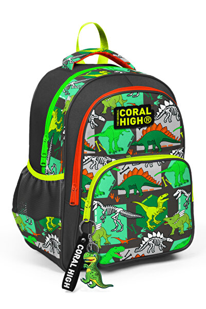Coral High Kids Gri Yeşil Dinozor Desenli Üç Bölmeli Okul Sırt Çantası 14419