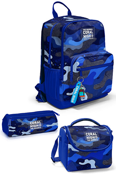 Coral High Navy Blue Saks Camouflage Patterned 3-Piece School Bag Set Set0123689