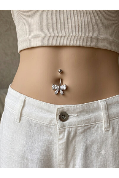 kurukafagift Çelik Göbek Piercing Beyaz Taşlı Kurdele Fiyonk Minimal Model