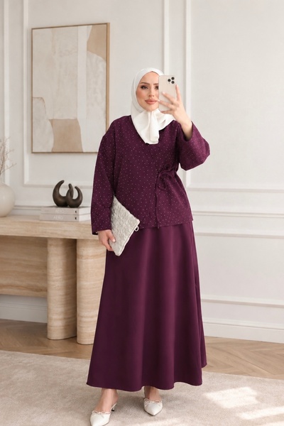 İmajButik Σετ με φούστα κιμονό με μωβ πέτρινη λεπτομέρεια και δέσιμο στο πλάι