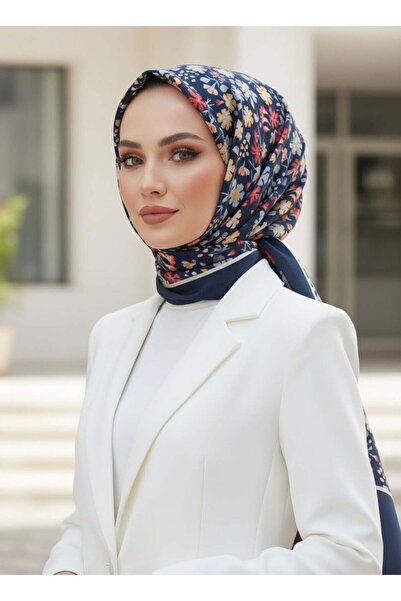 Vissona %100 Saf İpek Şal İnce Saten Vual Dokuma Çıtır Çiçek Desenli Lacivert...