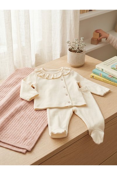 INFANT Set hăinuțe nou-născut Princess Ecru cu guler volănaș și păturică roz 6-12 Luni Roz