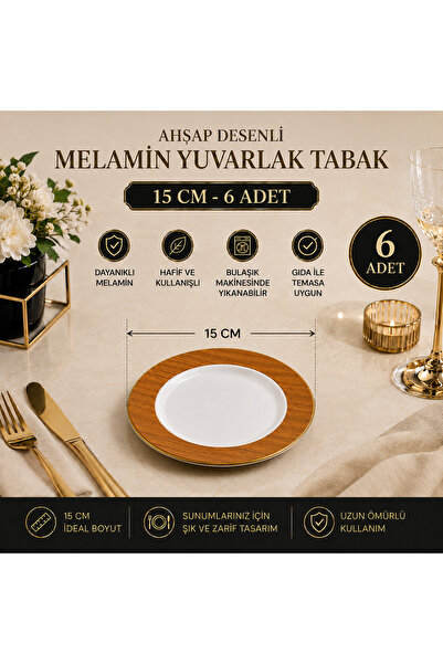 Güneş Wooden Patterned Melamine Round Plate 15 cm - Set of 6 Sauce, Olive, an...