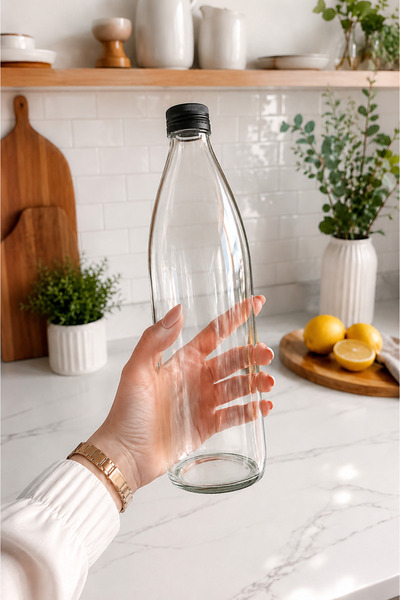 Rotanev 3 Adet Siyah Plastik Kapaklı Cam Şişe 1 Litre Şeffaf Sürahi Süt, Ayran, Su, Limonata Meşrubat Şişesi