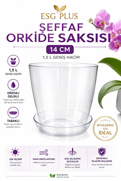 ESG PLUS Şeffaf Orkide Saksısı 14 cm Drenaj Delikli 1,5 L Tabaklı Plastik Saksı