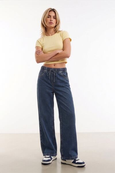 blue white Pantaloni de damă cu talie înaltă, cu șireturi, cu picior larg, di...