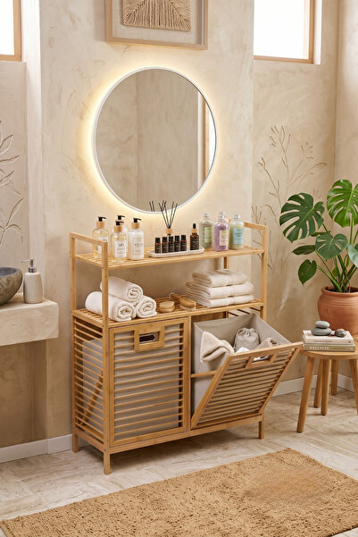 Begin Power Çok Amaçlı Bambu Banyo Dolabı Düzenleyici Raf Ve Çift Bölmeli Kir...