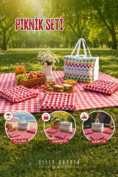 Sleep Garden Pötikare Piknik Örtüsü 150*150 4 Adet Piknik Minderi 45x45 cm Ta...