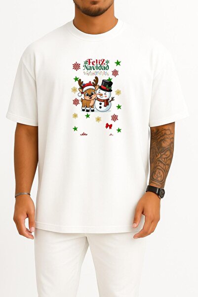 Bahriyeli Collection تي شيرت قصة فضفاضة Feliz Navidad للعام الجديد بتصميم رجل...