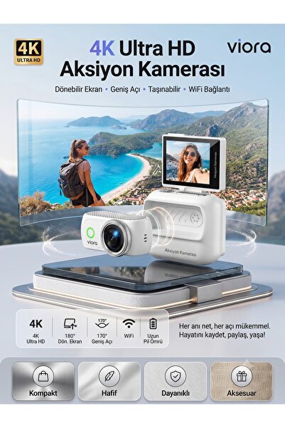 TARÇIN Viora 4K Aksiyon Kamerası Mini 180° Döner Ekran WiFi App Geniş Açı Taş...