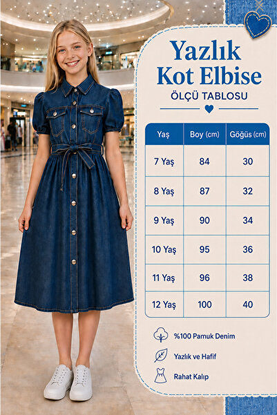 STYLENEST 11–16 Yaş Kız Çocuk Kot Elbise Kuşaklı Düğmeli Günlük Elbise