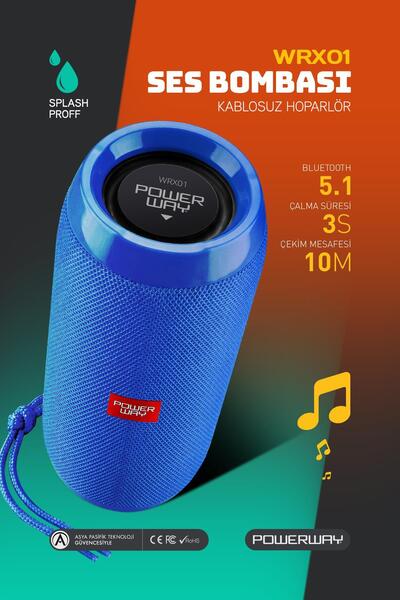 POWERWAY WRX01 90 dB SD Kart Aux Usb Girişli Mavi Kablosuz Bluetooth Speaker ...