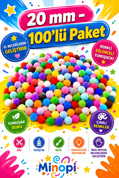 Minopi Renkli Ponpon Peluş Top 100'lü Paket 20 mm Hobi Tasarım Anasınıfı Kreş...
