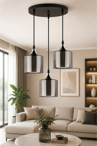 NisaLuce Nisa Luce Linea 3'lü Çift Camlı Avize - Füme cam •• Sarkıt Avize Mod...
