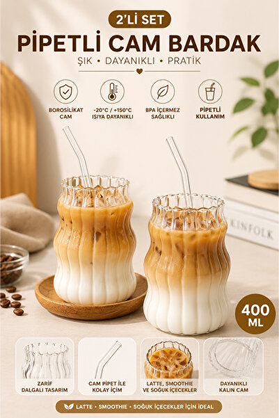 Ercazzo 2'li Pipetli Borosilikat Cam Bardak 400 ml | Sukabağı Şekilli Latte K...
