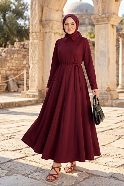 adamila Kadın Bordo Gömlek Yaka Ön Gizli Fermuar Detaylı Mevlana Etek Parçalı...