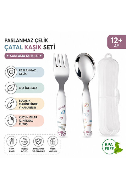 jojobebek BPA İçermez, Karikatürlü Çocuk Paslanmaz Çelik Çatal ve Kaşık Seti,...