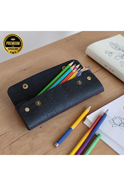 TeriArte Patterned Leather Pen Holder, Genuine Leather Small Pencil Case – Bu...