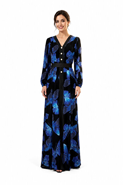 unbranded Women's Black Blue Floral Print Velvet Maxi Dress with V-Neck and L...